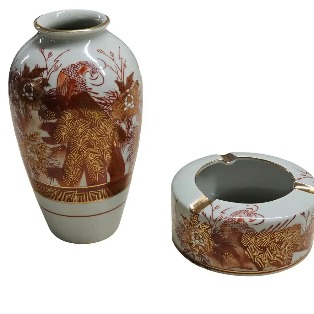 VTG Chinese Phoenix Vase Ashtray Set Gold Gilt Glaze Fenghuang Chinoiserie